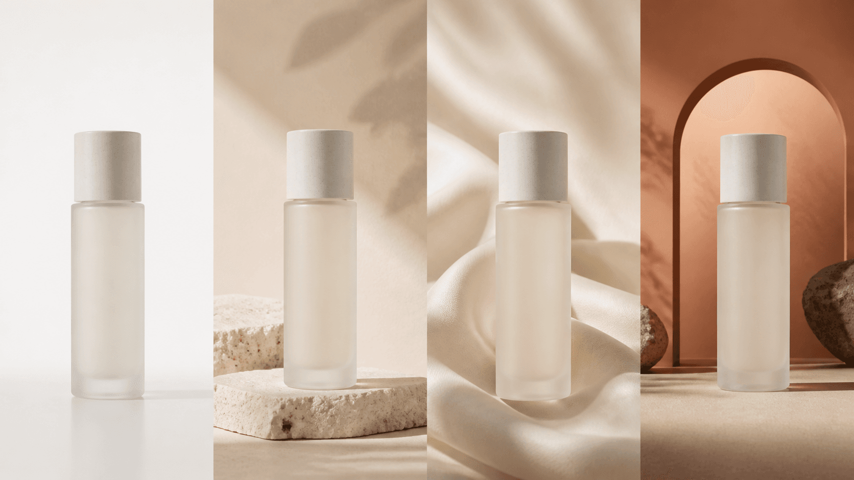 One ecommerce skincare bottle progressing from a source packshot into three styled campaign scenes